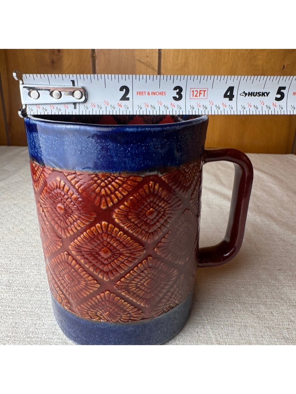 Studio Pottery Mug Red Blue Glaze Textured Geometric Design 4.75 Inch - Picture 9 of 9